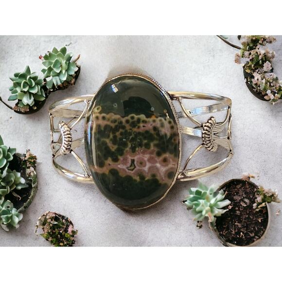 Wide Silver Cuff, Veiled Beauty Lace Agate Cuff Bracelet - Picture 2 of 10